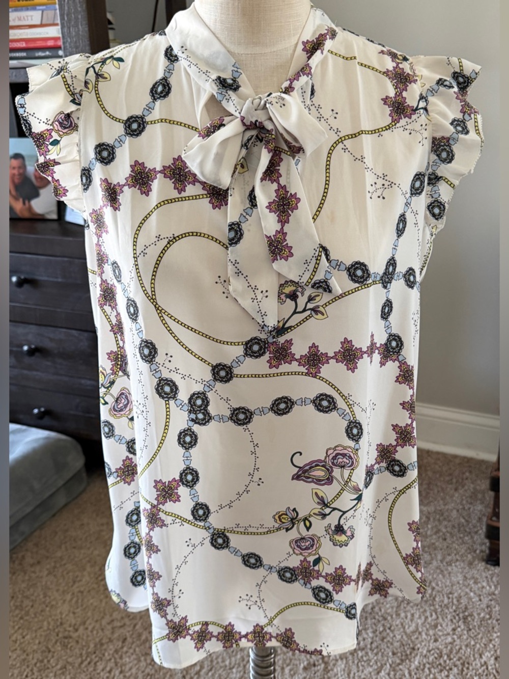 LOFT Ivory Blouse with Purple, Blue and Teal Floral Print, Medium